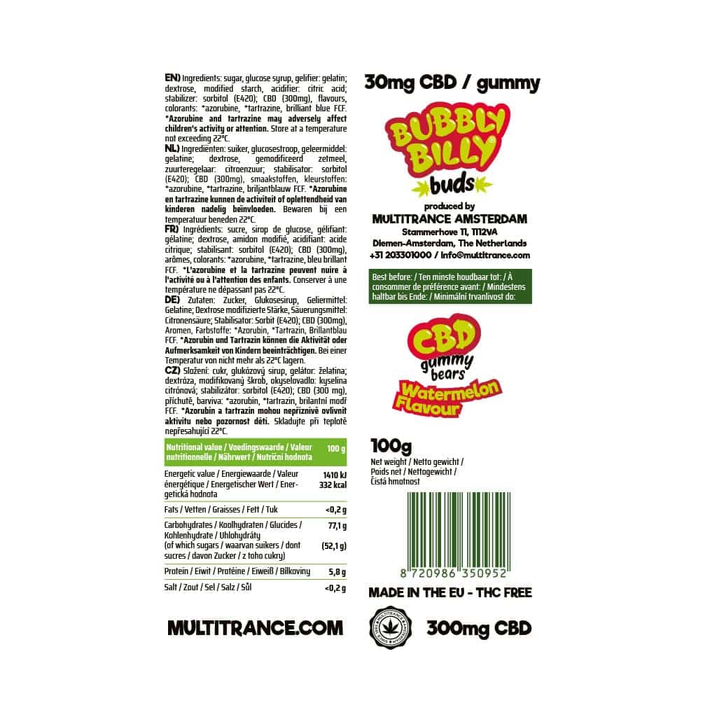 Bubbly Billy Buds – Gummies CBD Pastèque (300 mg) Calm&Co