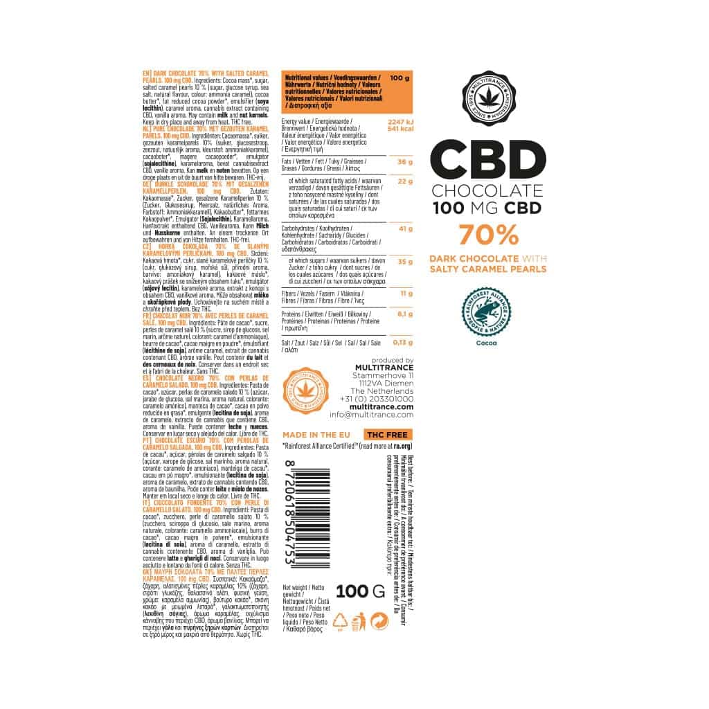 Chocolat Noir CBD 100 mg – Perles de Caramel Salé Calm&Co