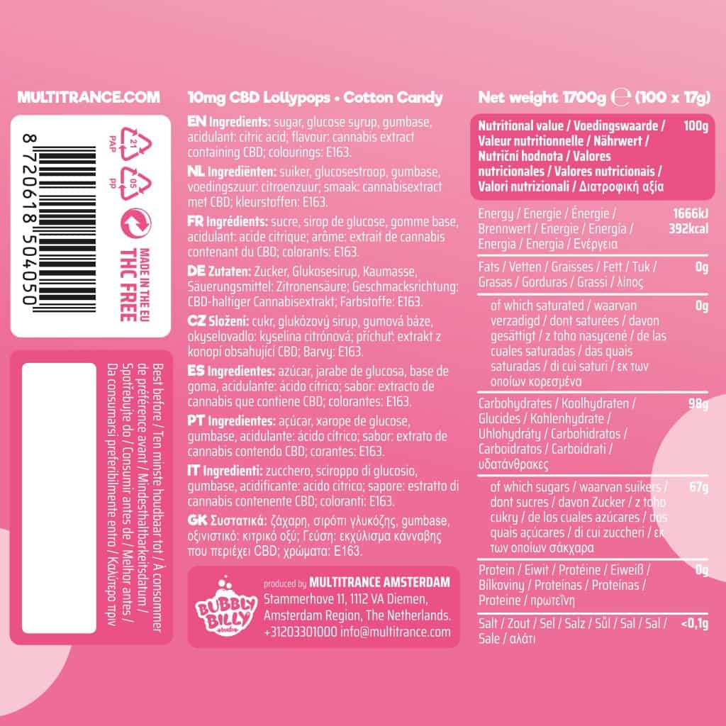 Bubbly Billy Buds – Sucettes CBD Barbe à Papa (10 mg) Calm&Co